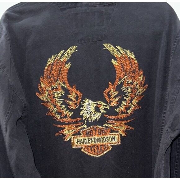 VTG Harley Davidson Black Denim Eagle Flame Embroidered Jean Jacket Size 2XL‎ - Picture 1 of 8